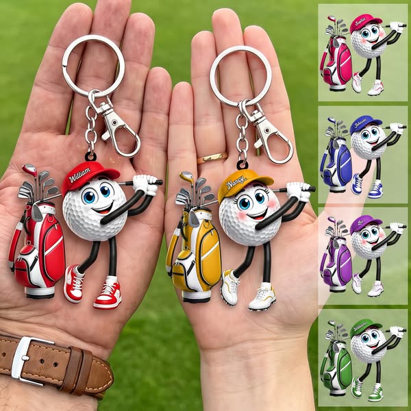 Golf Follow-Through Swing Cartoon Golfer - Personalized Golf Ball Mascot Keychain Gift for Male & Female Golfer