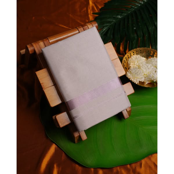 light rose colour MINISTER WHITE tissue double dhoti featuring light rose silver kasavu zari border