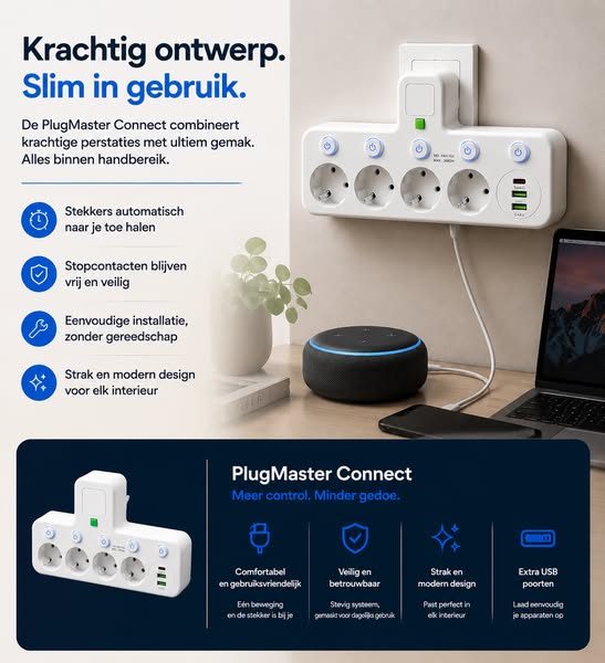 PlugMaster Connect – Stekkerdoos met USB & USB-C + Nachtlampje