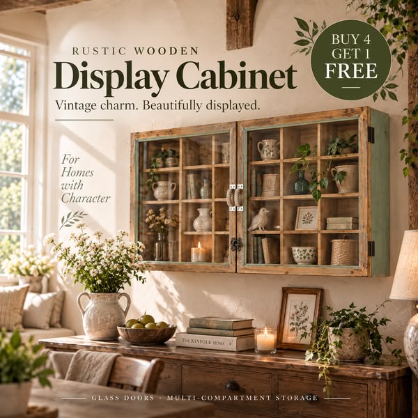 Rustic Wooden Wall Display Cabinet with Glass Doors – Multi-Compartment Storage Unit