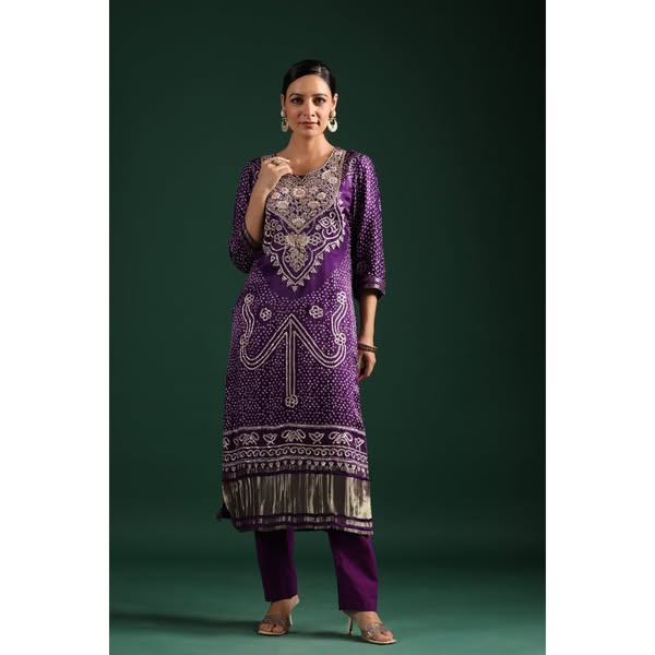 Purple Bandhani Embroidered Kurta Set