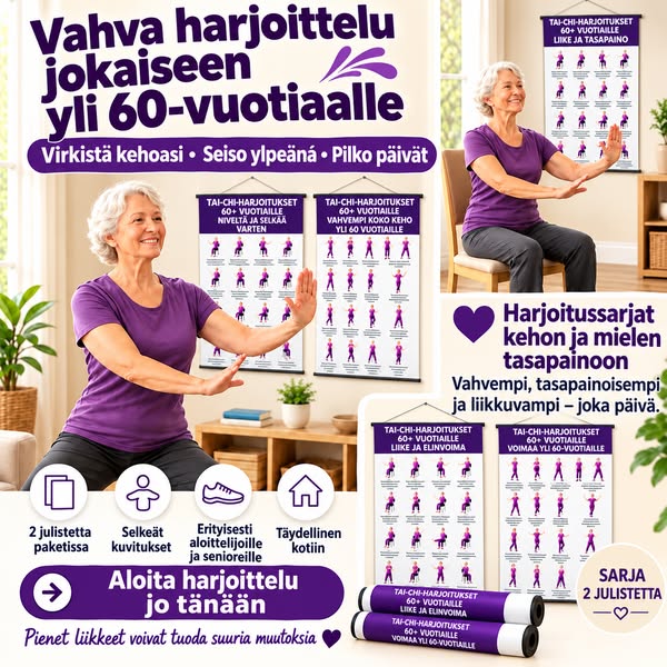 Tai Chi -tuoliharjoittelu – 2 julisteen setti helppoon kotiharjoitteluun (60+)