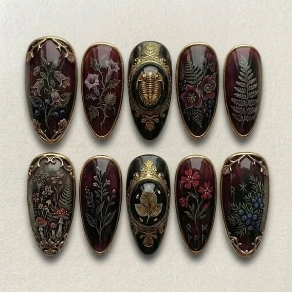Dark Botanical Gothic Floral Press On Nails