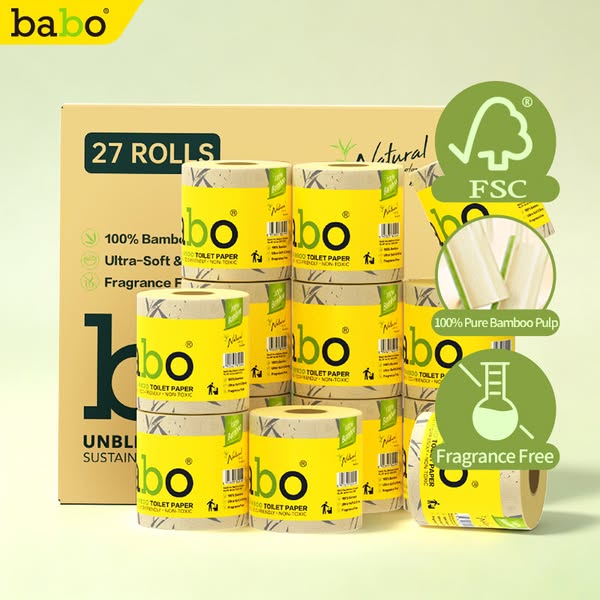 BABO EU Standard 6D Double-Sided Embossed Bamboo Pulp Toilet Rolls, 4-Ply 150g Unbleached & Lint-Free, 27 Roll Bulk Pack for Household Stock