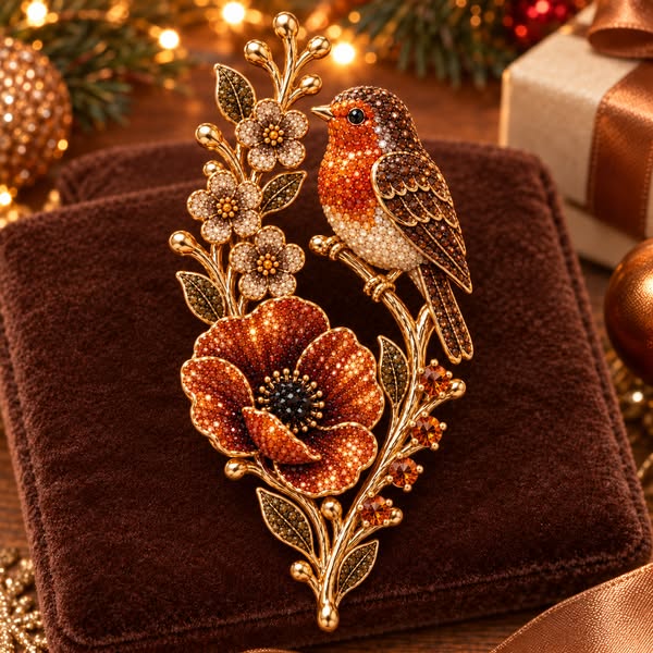 Timeless Vintage Charm｜Robin Poppy Crystal‑Encrusted Vintage Brooch!