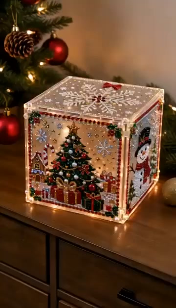 Create a glowing 3D Christmas gift box with sparkling diamon