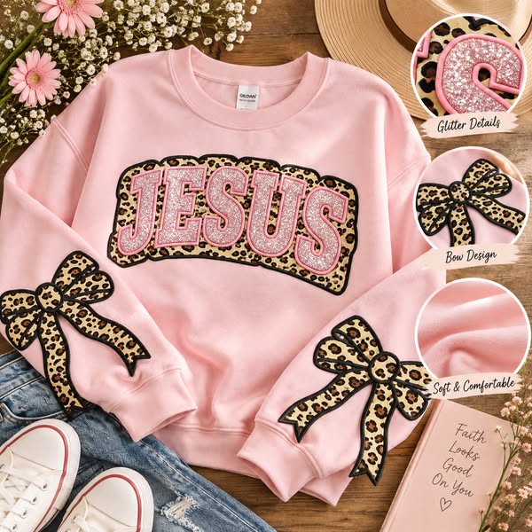 Embroidered Glitter Bow JESUS Crewneck
