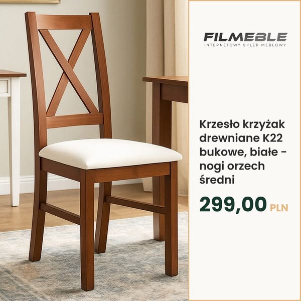 Krzesło krzyżak drewniane K22 bukowe, białe - nogi orzech średni