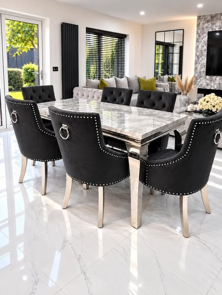 Louis Trafalgar Marble Dining Set | Black Bull Ring Chairs | Starlight