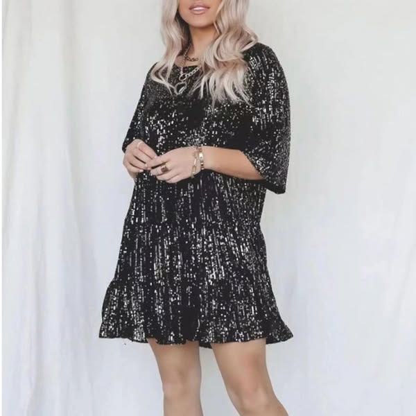 Sequin Round Neck Elastic Waist Short Sleeve Loose Dress XL-black