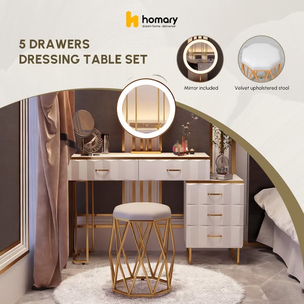 White Extendable Dressing table with Mirror | Light |5-Drawers｜Homary UK