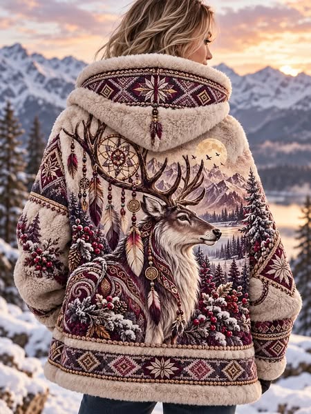 Hoodie écru au cerf des nuits d’hiver