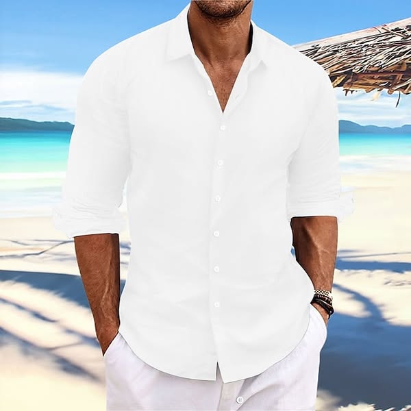 Men's Linen Shirt Summer Shirt Beach Wear Casual Shirt Button Up Shirt Plain Casual Daily Light Yellow White Pink Dark Navy Long-Sleeve Spri