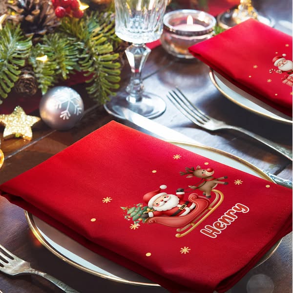 Custom Name Santa Claus Design Christmas Napkin, Party Dinner Red Napkin, Dish Towel Kitchen Accessory, Housewarming/Christmas Gift for Host