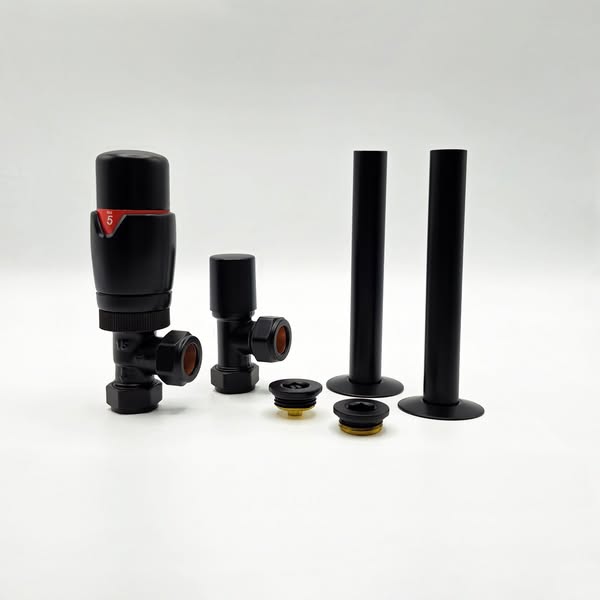 Angled Black Thermostatic Valve Set, Pipe Sleeve & Air Vent