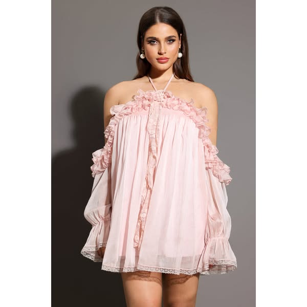 Estella Long Sleeves Flowers Folds Mini Dress
