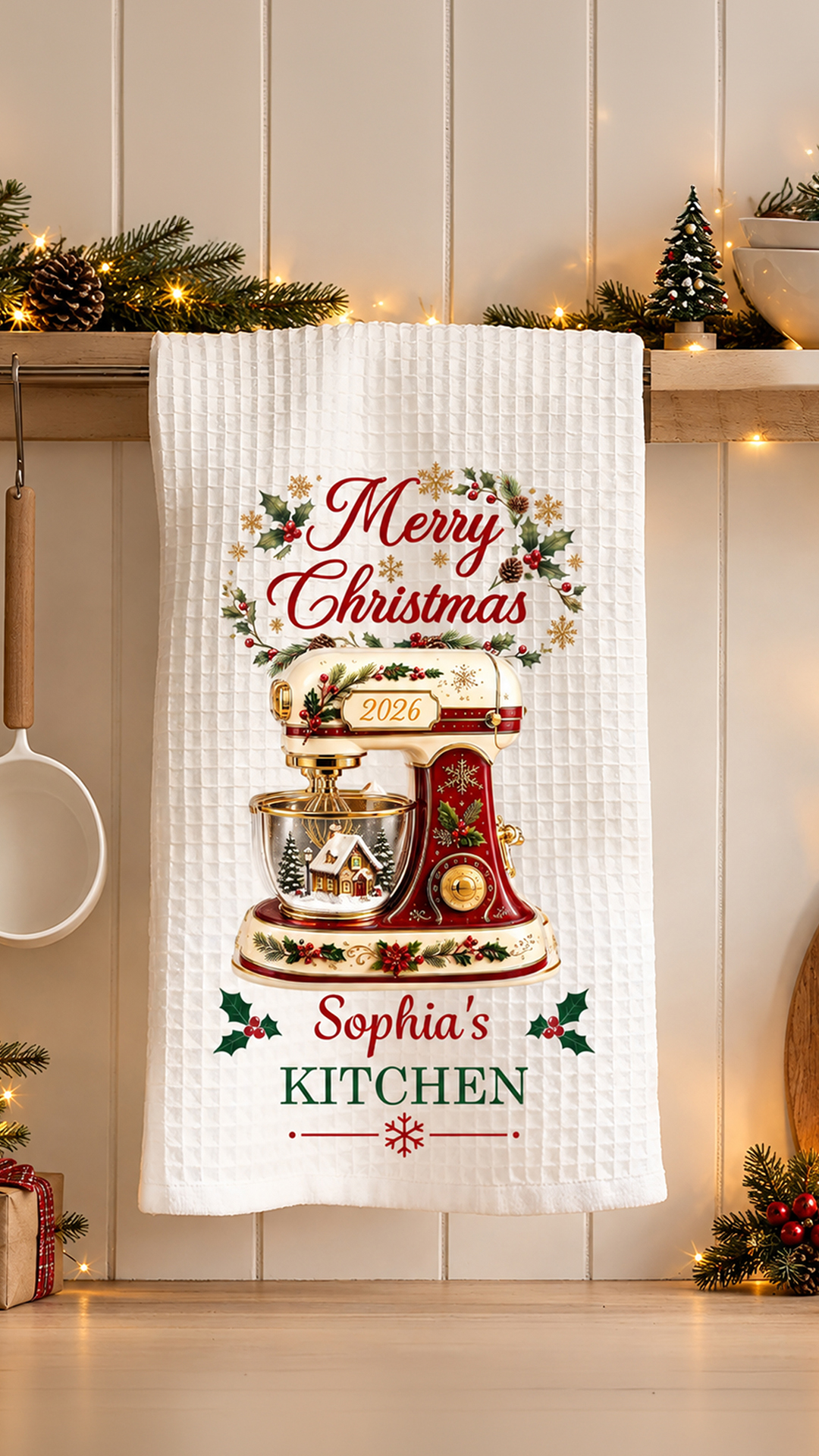 Merry Christmas Baking Mixer Tea Towel, Custom Name, Soft Waffle Kitchen Towel, Christmas Gift for Bakers