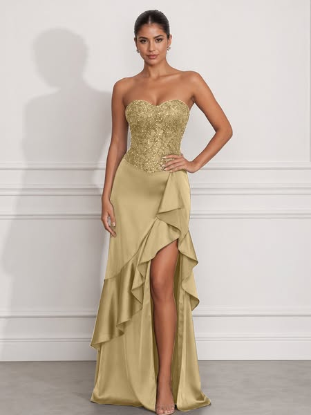 Navy Mermaid Sweetheart Beaded Tiered Formal Dress with Slit