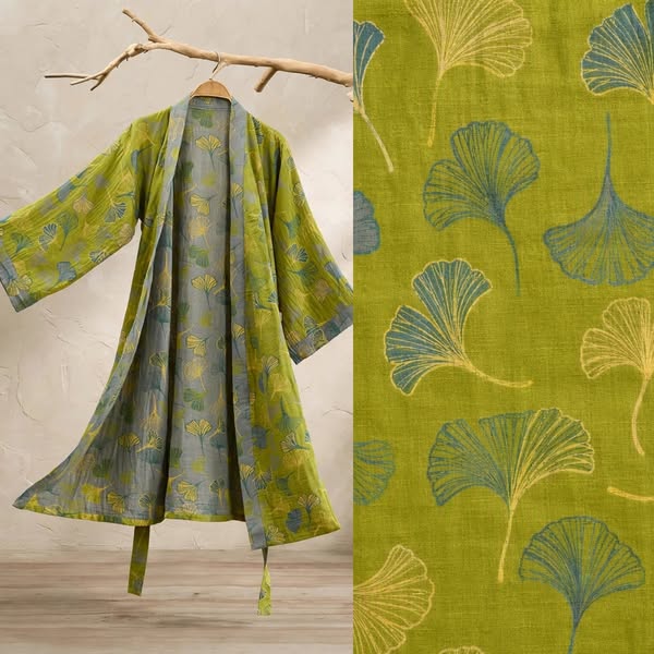 Green Gray Ginkgo Leaf Cotton Kimono Robe