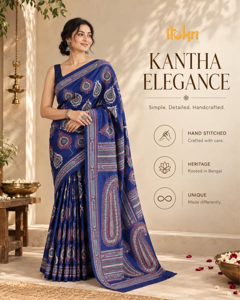 Bangalore silk, hand-embroidered across in Bengal kantha. Shipped worldwide.
