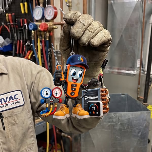 HVAC Digital Meter Mascot Holding Temperature Probe Ornament – Funny Personalized Gift for AC Technicians