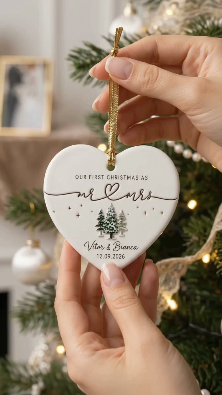 Personalized "Our First Christmas As Mr. & Mrs." Heart Ceramic Ornament