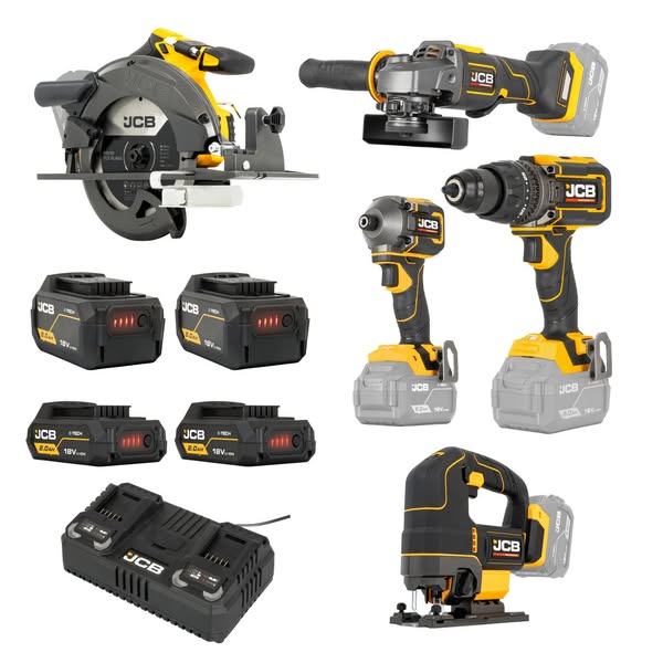 JCB 18V 5-Piece Pro Kit, Combi Drill, Impact Driver, Circular Saw, Angle Grinder, Jigsaw, 2x Batteries, Dual Fast Charger, Soft Tool Bag
