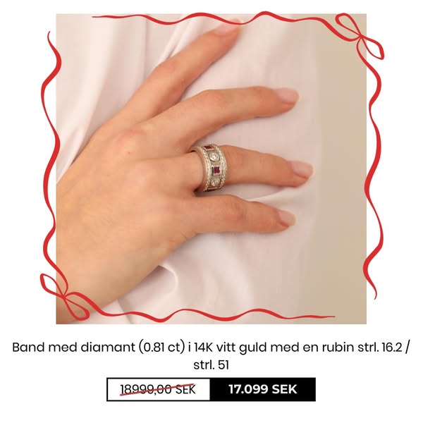 Band med diamant (0.81 ct) i 14K vitt guld med en rubin strl. 16.2 / strl. 51