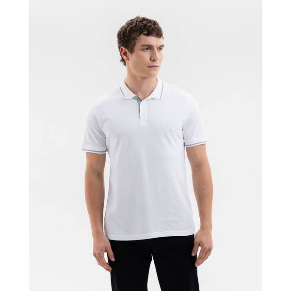 White Pique Polo with Laurel Leaves Accents