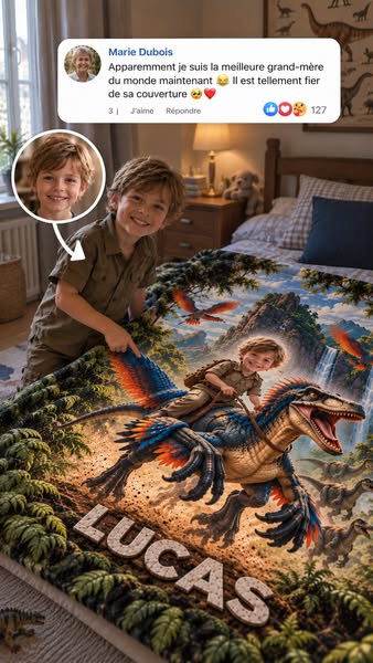 Le plaid Dino personnalisé avec son prénom et son visage
