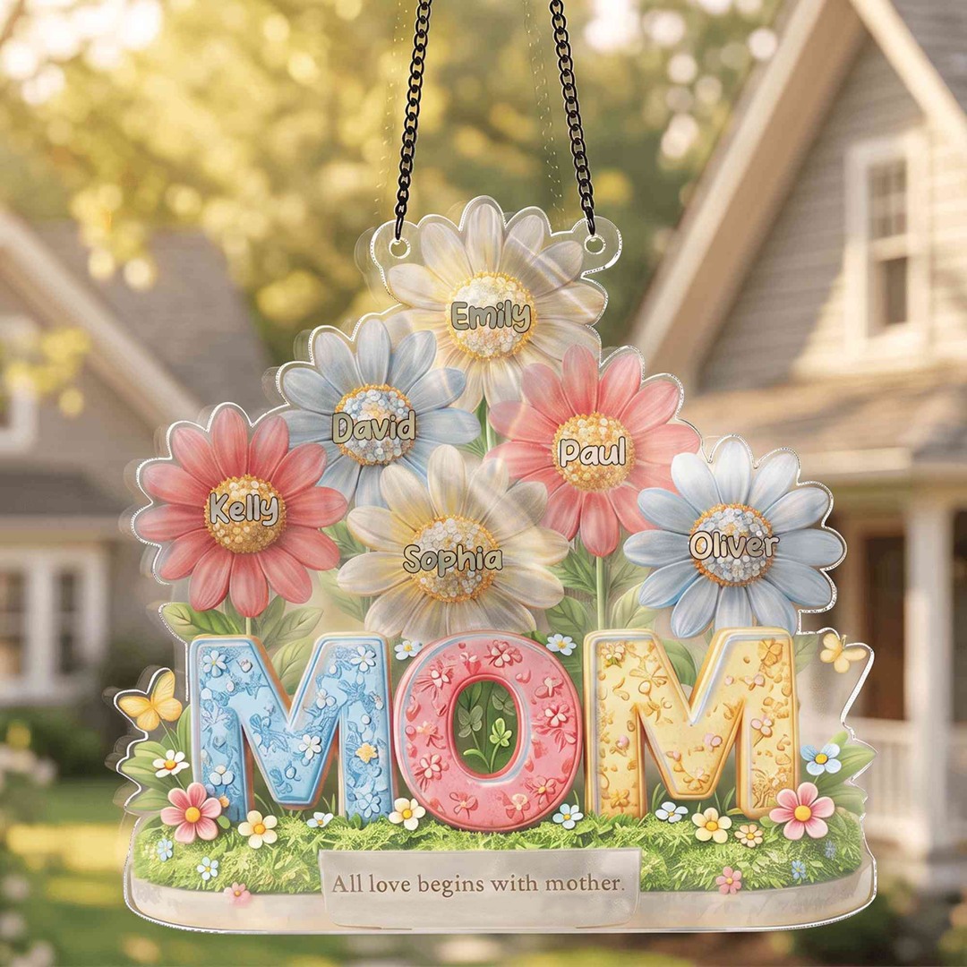 Personalized 1-6 Kids’ Names 3D-Effect Artwork MOM & Flowers Hanging Ornament, Colorful Acrylic Window Hanging, Birthday/Mother’s Day Gift f