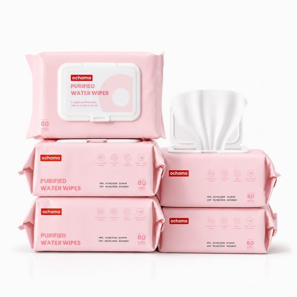 €2.70|Ochama Moist Wipes Family Sharing Pack: 5 Packs of 80 Sheets, Pearl Embossed, Alcohol-Free & Mild Formula