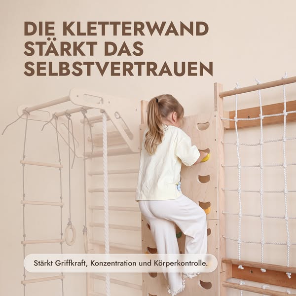 7-in-1 Kletterwand fürs Kinderzimmer mit Sprossenwand, Kletternetz, Klimmzugstange & (3in1) Kinderschaukel-Set
