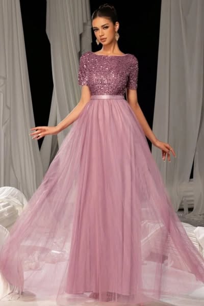 Sequins Dusty Rose Mesh Short Sleeves – Mridiya Evening Dress ZT0356 Custom Color-Custom Size