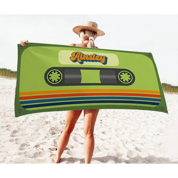 Personalized Retro Cassette Pattern Custom Name Beach Towel Pool Beach Bath