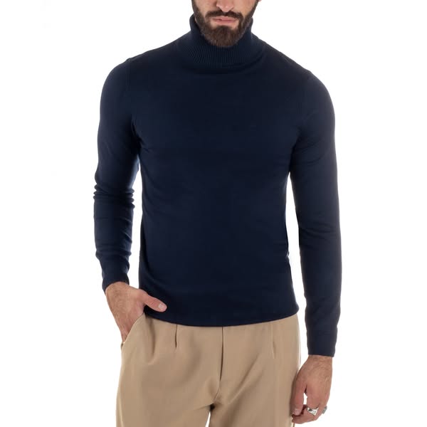Maglioncino Uomo Collo Alto Maglia Rasata Dolcevita Basic Blu M2537A