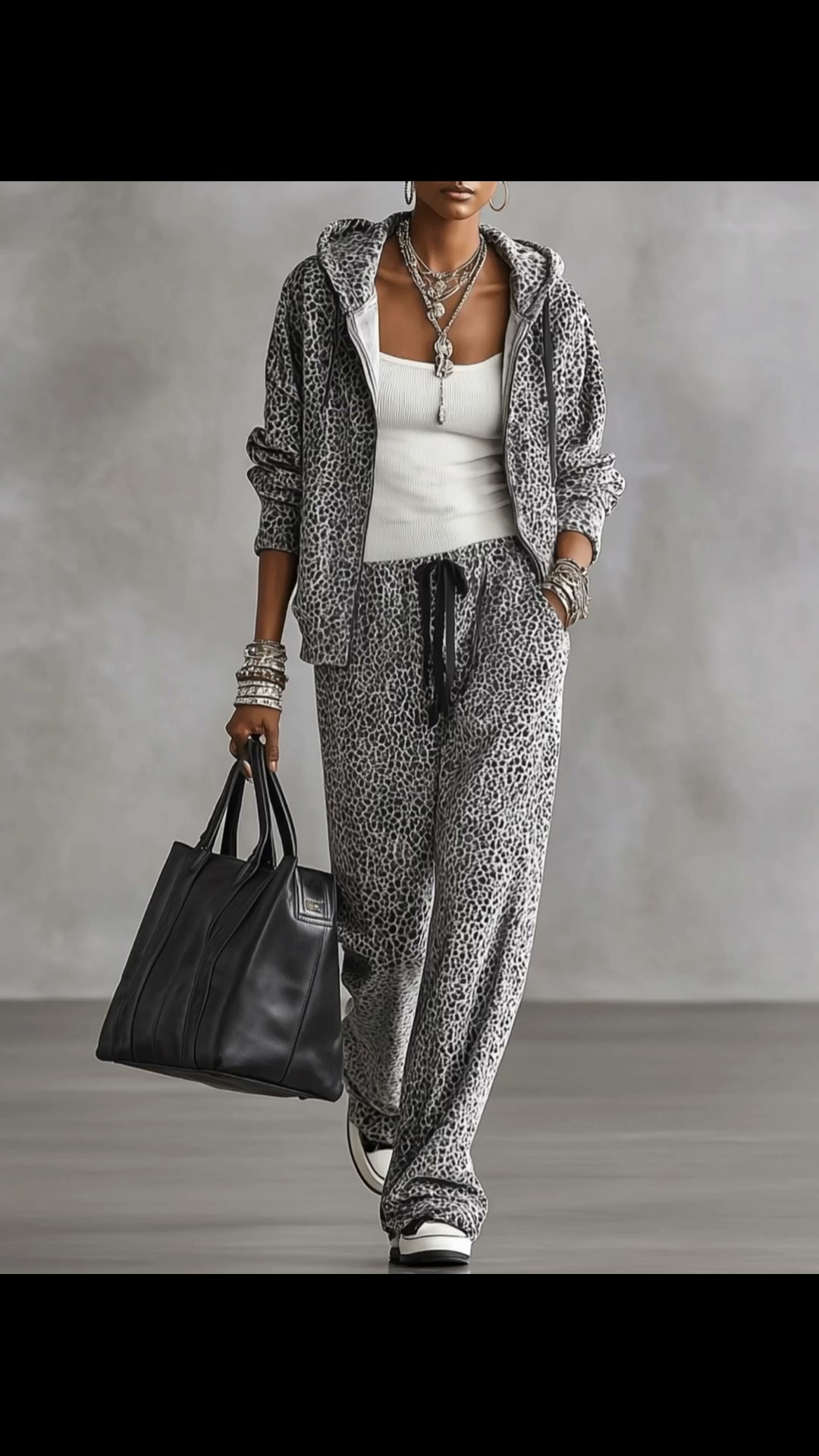 Grey Leopard Zip‑Up Hooded Jacket & Drawstring Wide‑Leg Pants Set | 10% OFF