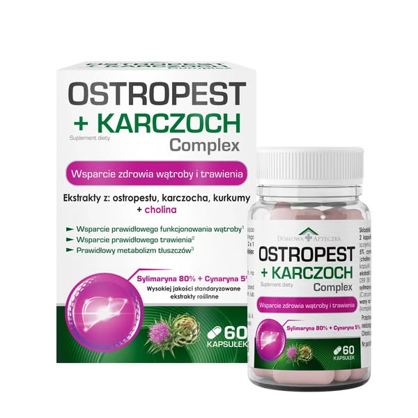 Domowa Apteczka Ostropest + Karczoch Complex - suplement diety na wątrobę i trawienie, sylimaryna, cynaryna, kurkuma, cholina, 60 kapsułek