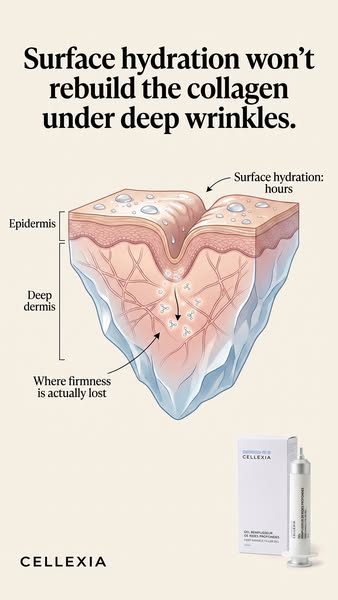 Surface hydration won’t rebuild the collagen under deep wrinkles.