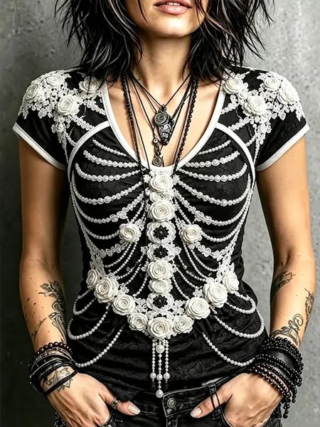 Women's Gothic Pearl Chain Skeleton Ribcage Rose Print Casual T-Shirt