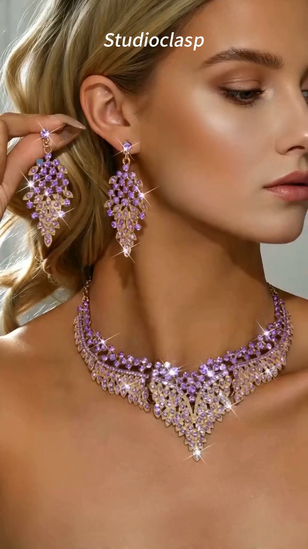 Leaf V Shape Diamond Necklace and Earrings Set Women Statement Wedding Bridal Jewelry Set