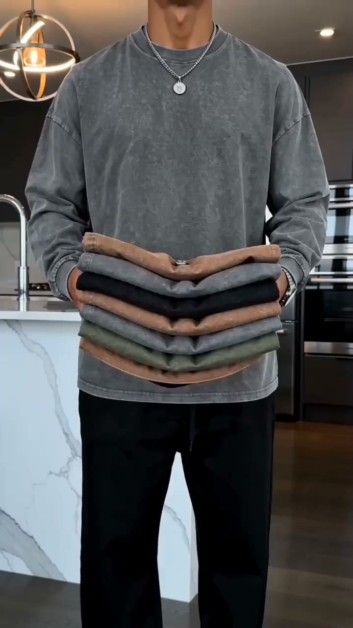 Men's Oversized Washed Distressed Cotton Long-Sleeve T-Shirt