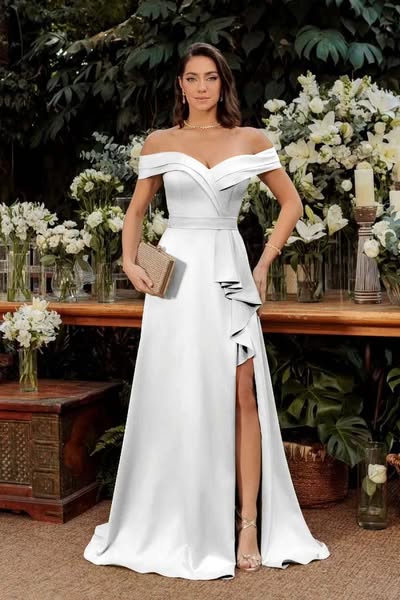 Off the Shoulder Sleeveless Long Split Prom Dress With Pleated CY0125 White-US16