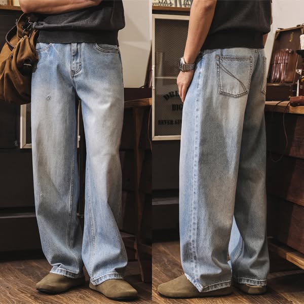 Herren 100% Baumwolle Vintage Wide Leg Jeans, Leicht Gewaschene Denim Hose