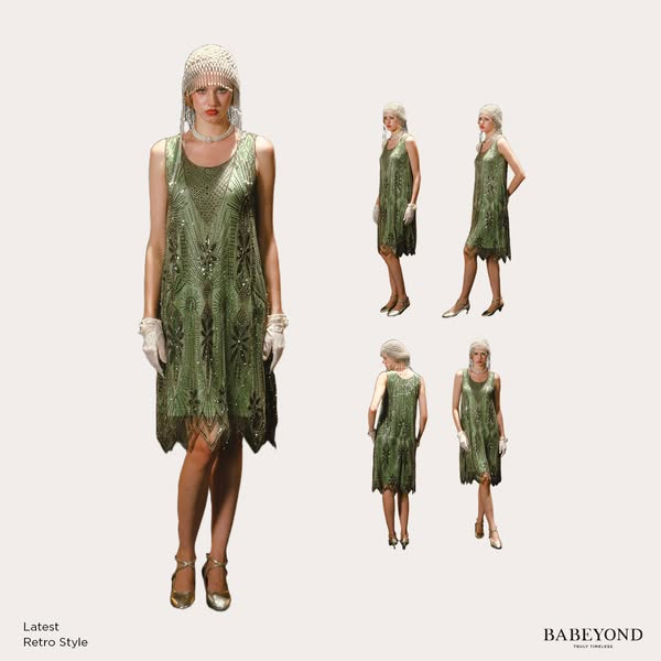 Sage Green Geometric Floral Vintage Flapper Dress
