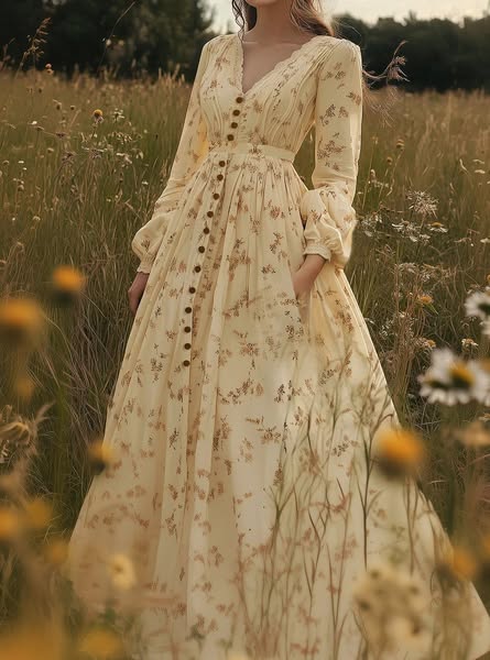 Chillinen Cotton Maxi Dress in A-Line Natural with Regular Fit V Neck Floral for Summer Daily Wear