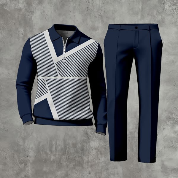 Men's Casual Color Matching Printed Polo-Collar Zipper Long-Sleeve Trousers Two-Piece Set