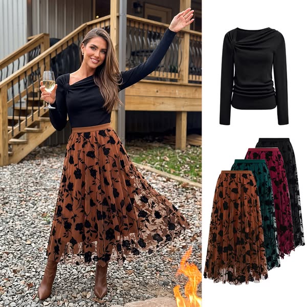 Flocked Rose Double-Layered Tulle Maxi Skirt