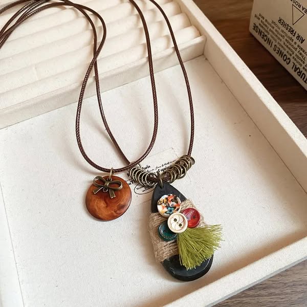Ethnic Style Bow Knot Button Pendant Necklace Brown (Double Chain)