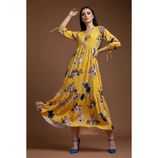 floral maxi φόρεμα με 3/4 μανίκι & βολάν Κίτρινο